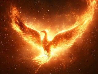 Wall Mural - majestic fiery phoenix rising from glowing inferno illuminating darkness with radiant wings