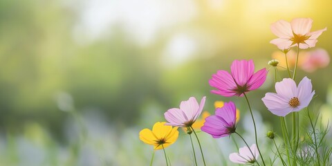 Canvas Print - A field of flowers with a bright, sunny background. The flowers are a mix of pink and yellow, and they are all in full bloom. The scene is peaceful and serene