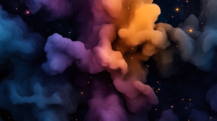 Abstract digital illustration featuring colorful nebulous clouds in space with stars scattered throughout, blending vibrant hues of purple, orange, and blue against a dark background.