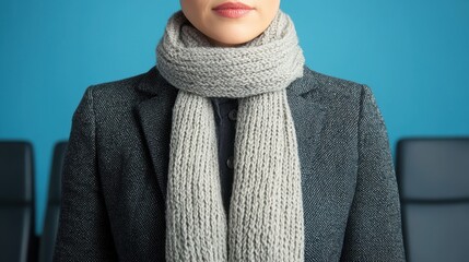 A close-up view of a person wearing a stylish gray scarf, complemented by a patterned coat, against a blue background.