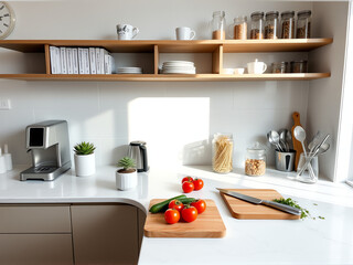 Bright kitchen countertop with fresh vegetables and cooking utensils in a modern setting during daytime