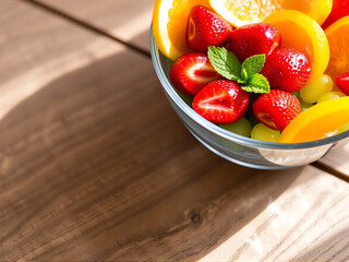 Freshly prepared fruit salad with strawberries, oranges, and grapes served in a clear bowl on a wooden table