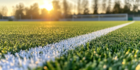 Freshly painted white boundary lines on vibrant green artificial turf field at sunset, creating serene and inviting atmosphere for sports activities