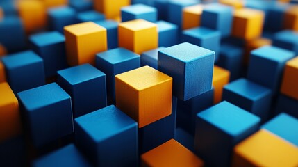 Poster - Abstract 3d rendering with blue and yellow cubes, geometric concept