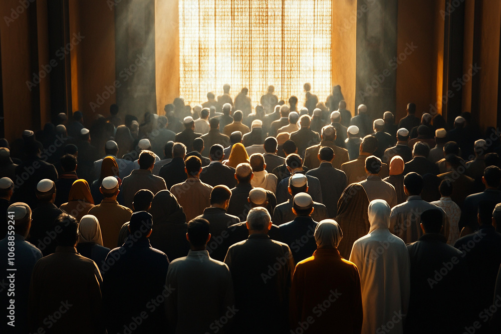 congregation attending a Janazah (funeral) prayer, mosque gathering for ...