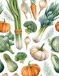 © Tobias - Seamless watercolor pattern featuring winter vegetables like squash, leeks, carrots, and broccoli, with soft, hand-painted details and subtle colors
