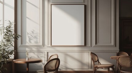 Poster - Mockup of a blank canvas poster in a classic interior with two chairs and a table