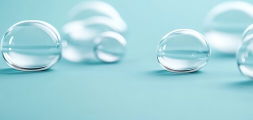 Poster - Transparent bubbles on a soft blue background, showcasing reflections and light play, perfect for backgrounds or design elements.