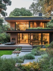 Poster - Modern house with large glass windows and a lush garden, showcasing contemporary design and outdoor living spaces for relaxation.