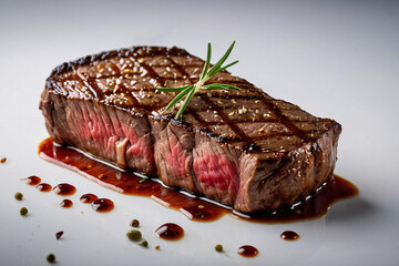 Close-up of a perfectly grilled steak with a juicy, tender interior, garnished with fresh rosemary and drizzled with a rich sauce, isolated on white background