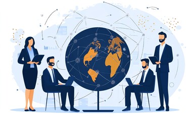 Poster - Flat design of business professionals in formal attire with circular connections surrounding the globe, representing a seamless global network and remote work collaboration
