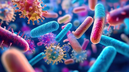 Aufkleber - A vibrant depiction of various microorganisms in a microscopic environment.