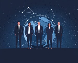 Aufkleber - Flatstyle illustration of business professionals in business attire standing on Earth, connected by circular lines, symbolizing a strong global network and collaboration