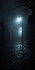 Wall Mural - A dark alleyway with a street lamp in the middle. The street is wet and the light is dim