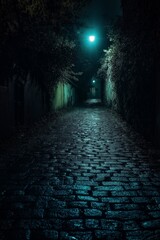 Wall Mural - A dark alleyway with a street light shining on the cobblestone path. The street is empty and quiet, with no people or vehicles in sight. The darkness and the cobblestone path create a sense of mystery