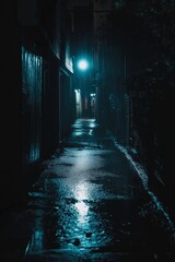 Wall Mural - A dark alleyway with a wet, reflective surface. The street is empty and quiet, with only the sound of raindrops hitting the ground. The atmosphere is eerie and mysterious, with the darkness