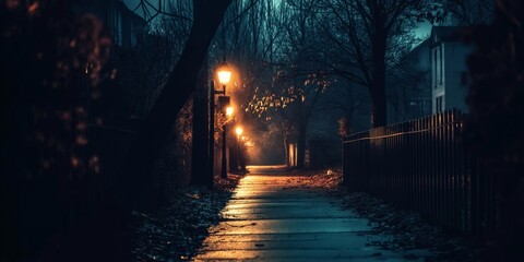 Wall Mural - A dark street with a sidewalk and a fence