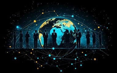 Aufkleber - A flat illustration of business people in formal attire standing on Earth, connected by circles and lines, symbolizing a global network and collaboration across continents