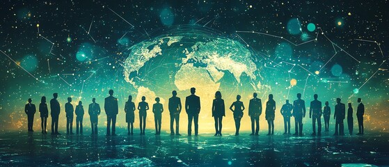 Aufkleber - A flat illustration of business people in formal attire standing on Earth, connected by circles and lines, symbolizing a global network and collaboration across continents