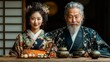 © Helen_PT - Asian eldery couple dressed in kimono waiting for guests in their house