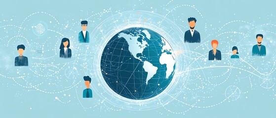 Poster - A flat illustration of diverse people in business attire connected by circular lines around the globe, symbolizing global collaboration and remote work in a digital network