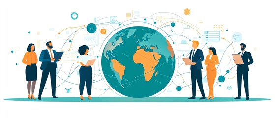 Poster - A flat illustration of diverse people in business attire connected by circular lines around the globe, symbolizing global collaboration and remote work in a digital network