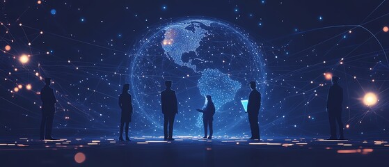 Aufkleber - A flatstyle illustration of professionals in business attire surrounded by circular connections around the globe