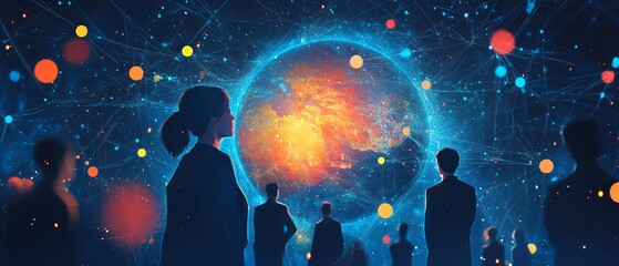 Aufkleber - A flatstyle illustration of professionals in business attire surrounded by circular connections around the globe