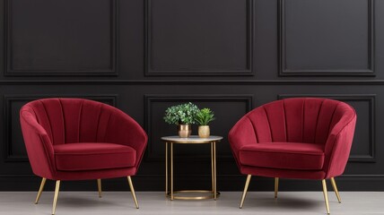 Two elegant red chairs flank a small round table with a plant, set against a stylish black wall, creating a contemporary and inviting atmosphere.