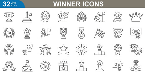 Wall Mural - winner outline icons set. trophy, gold medal, podium, laurel wreath, star, flag, crown, cup and more