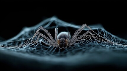 Close-up of a spider sitting on a complex, intricately woven web against a dark background, highlighting the detailed structure and texture of its body and the web strands.