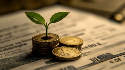 Aufkleber - A small plant grows from a stack of coins, symbolizing financial growth and sustainability.