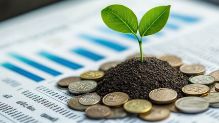 Aufkleber - A green plant growing on coins against the background of a report on the financial structure of the business. The concept of savings, investments, interest and economic growth