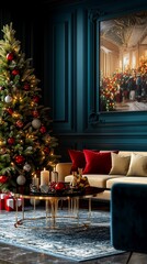 Wall Mural - Luxurious living room adorned with a grand Christmas tree, elegant decor, and a glimpse of a festive gathering through an ornate framed painting, exuding holiday opulence.