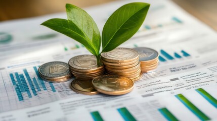 Aufkleber - A stack of coins with a green plant on financial documents, symbolizing growth and investment.