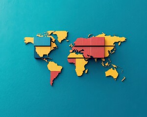 Poster - A colorful world map made of stacked bars, showcasing various regions in distinct colors against a striking blue background.