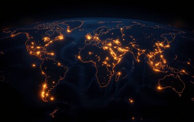 Poster - A stunning view of Earth at night, showcasing illuminated cities and landscape patterns against a dark background.