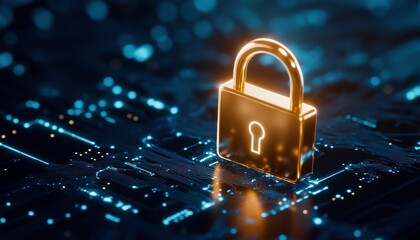 Leinwandbilder - A golden padlock stands on a digital circuit board, symbolizing cybersecurity and data protection in a modern technological landscape.