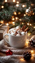 Wall Mural - Cozy winter evening with a mug of hot cocoa topped with marshmallows and cinnamon sticks, nestled among twinkling Christmas lights and pine branches.