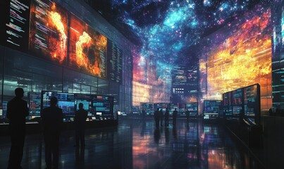 Silhouetted figures in a futuristic room with screens.