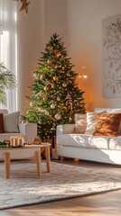 Wall Mural - Cozy living room adorned with a beautifully decorated Christmas tree, white sofa, and warm lighting creating a festive atmosphere perfect for holiday relaxation.