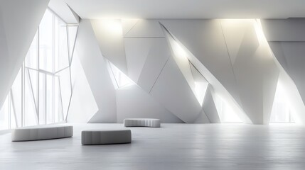Leinwandbilder - Modern interior with angular walls and minimalist seating, emphasizing space and light.