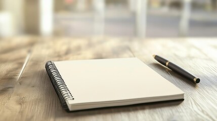 Leinwandbilder - A blank notebook and pen on a wooden table, ready for notes or creative ideas.