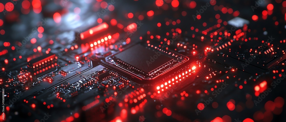 Abstract closeup view of a red circuit board on a black background ...