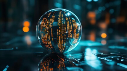 Fototapete - A glass sphere displaying glowing binary code, set against a dark, futuristic background.