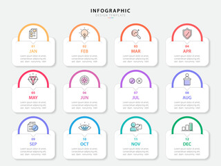 Poster - Timeline Creator infographic template. 12 months timeline journey, 1 year calendar infographics design template. presentation graph. Business concept with 12 options or steps, vector illustration.