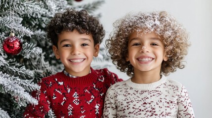 Wall Mural - Joyful children with curly hair beam with excitement next to a snow-dusted Christmas tree, their festive sweaters adding warmth to the holiday scene.