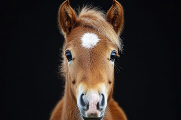 a brown horse with a white patch on its forehead and chest, in a close-up shot against a black backg