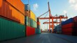©  VladaToday - Busy cargo port with colorful containers and loading cranes under blue sky