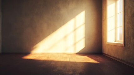 Poster - Sunlight streaming through window into empty room. Light beams on wooden floor, creating warm and inviting atmosphere. 